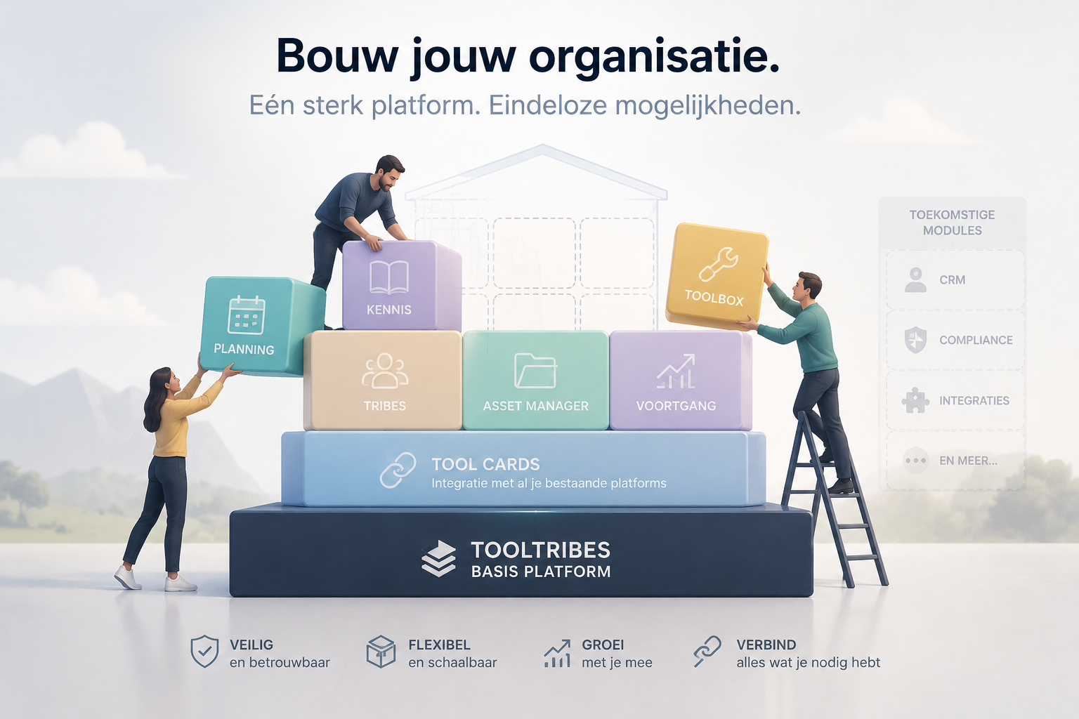 Illustratie van mensen die bouwen aan de Tooltribes-organisatie met modules op het Tooltribes Base Platform.